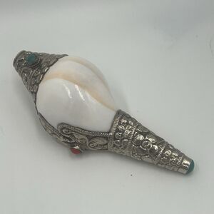 Large Tibetan Silver Blowing White Conch Shell Trumpet Ritual Turquoise Buddhist